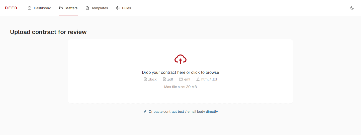 Upload any contract (DOCX, PDF, scanned)